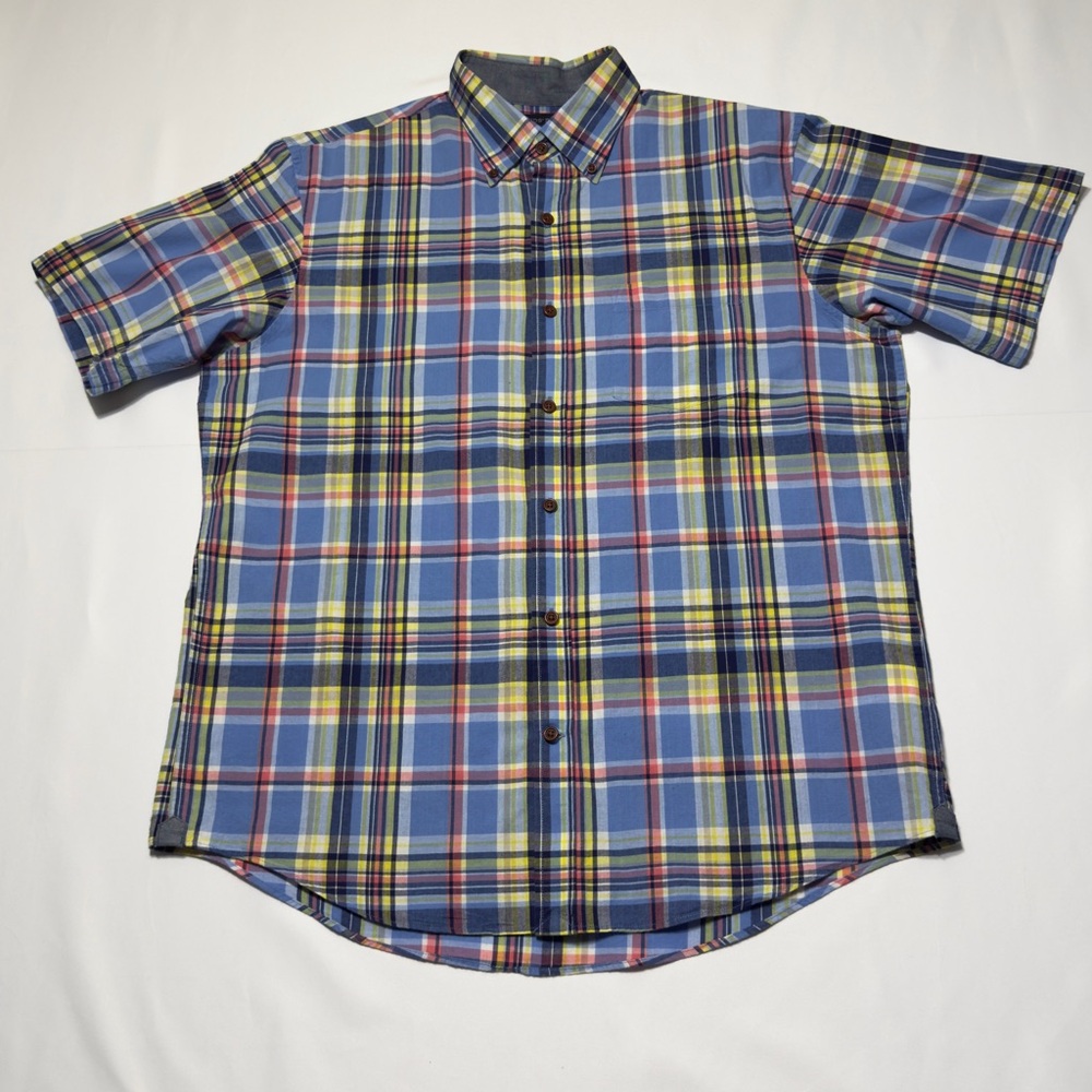Lands'‎ End Blue and Yellow Short Sleeve Button Down Shirt Size M Excellent